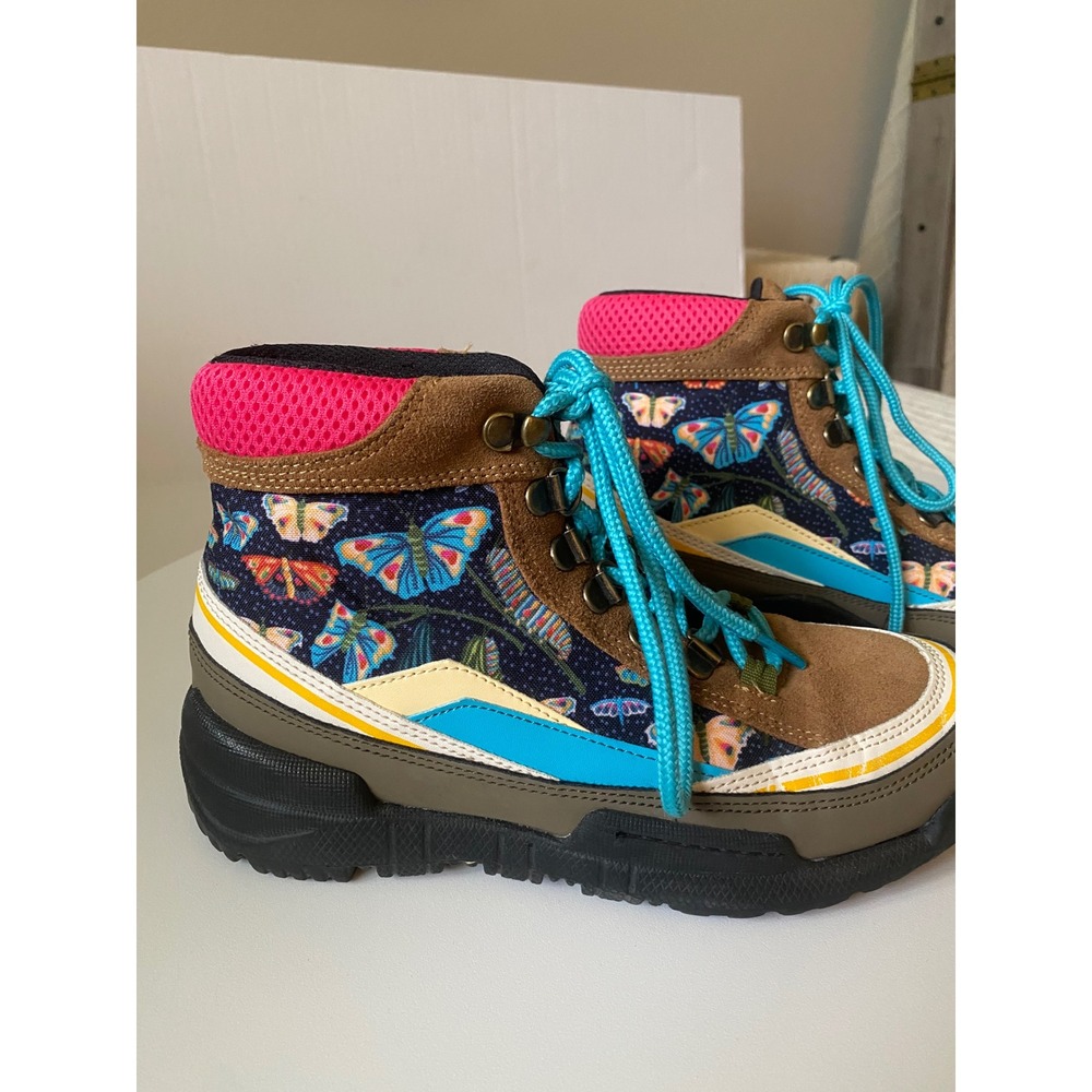 Inkkas Women 6 Butterfly Print Leather Camping Hiking Boots Brown Pink Blue